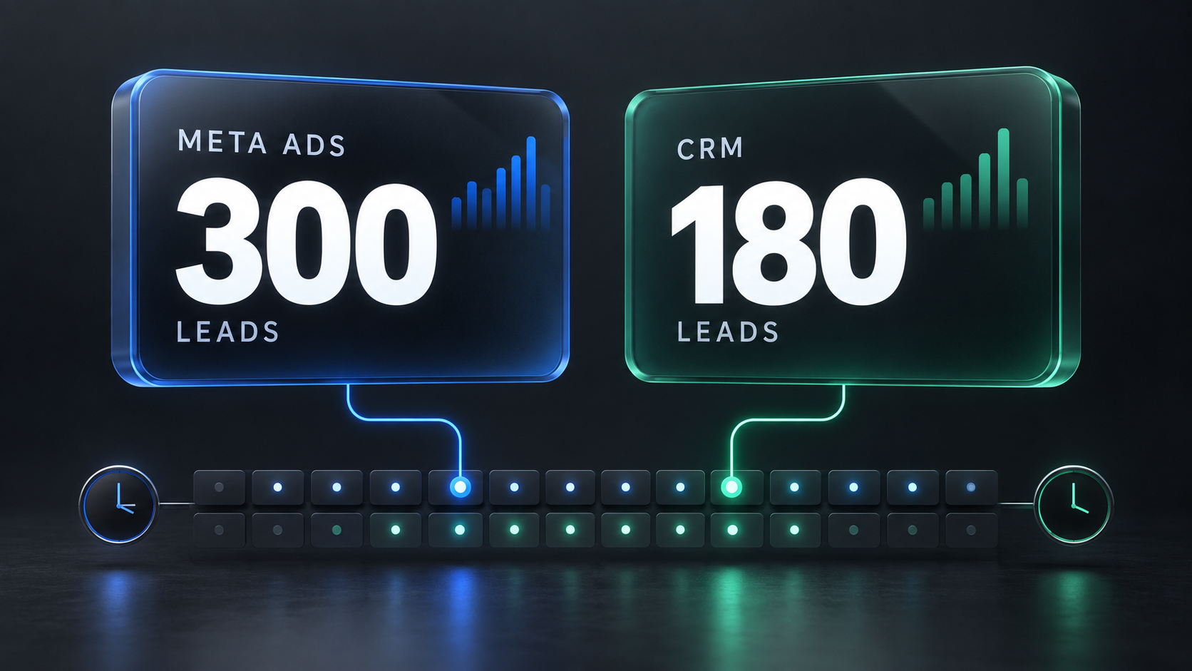 Painel de anúncio e CRM lado a lado com contagens de leads divergentes
